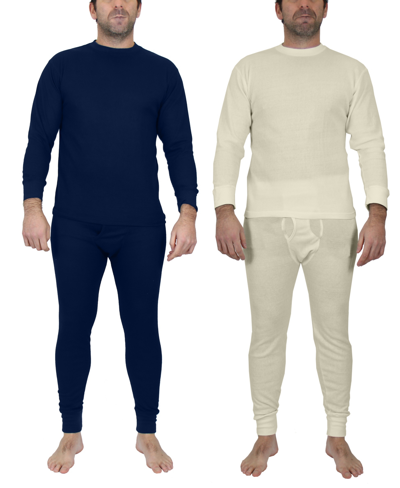 Galaxy By Harvic Men's Winter Thermal Top And Bottom, 4 Piece Set In Navy And Natural