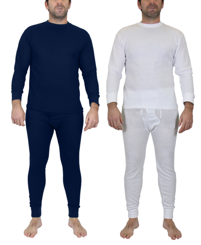 Galaxy By Harvic Men's Winter Thermal Top And Bottom, 4 Piece Set In Navy And White