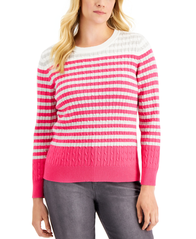 Karen Scott Caroline Striped Cable-knit Sweater, Created For Macy's In Magenta Combo