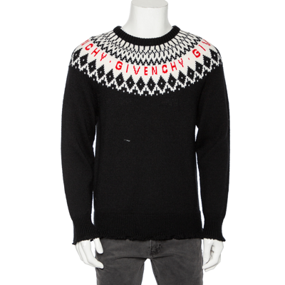 Pre-owned Givenchy Black Fair Isle Logo Knit Wool Frayed Edged Jumper M