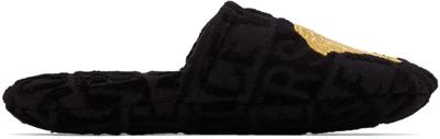 Versace Black Embroidered Medusa Slippers In Z4557 Blgld