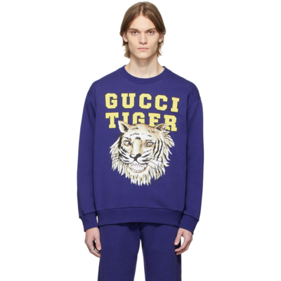 Gucci Tiger Felted Cotton Sweatshirt In Blu Marino