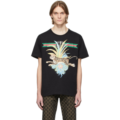 Gucci Lunar New Year Tiger And Flower Print Cotton T-shirt In Black