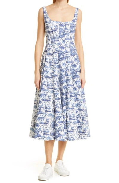 Staud Wells Pleated Printed Stretch-cotton Poplin Midi Dress In Blue-med