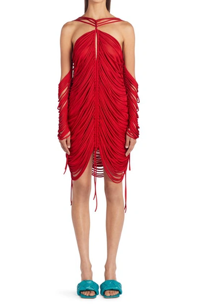 Bottega Veneta Fringe Draped Knit Cold-shoulder Dress In Red