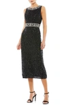Mac Duggal Sleeveless High Neck Beaded Midi Sheath Dress In Black