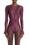 Mugler Illusion Mesh Long Sleeve Bodysuit In Raisin / Black