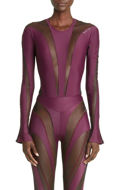 Mugler Illusion Mesh Long Sleeve Bodysuit In Raisin / Black