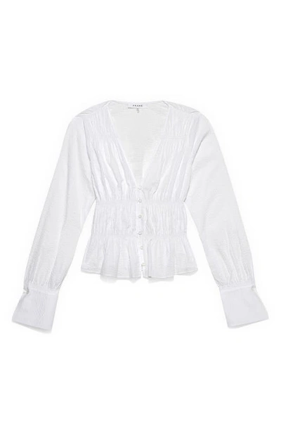 Frame Ruched Button Front Cotton Blouse In Blanc