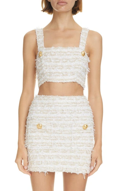 Balmain Cropped Button-embellished Metallic Bouclé-tweed Top In Beige