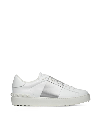 Valentino Open Studded Metallic Striped Leather Sneakers In White Silver