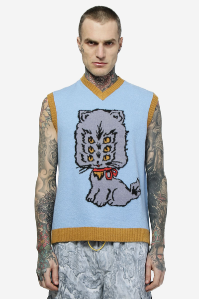 Brain Dead Kitty Cat Sweater Vest In Cyan