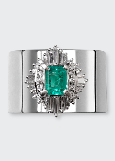 Yutai Revive Ring With Emerald And Diamonds On Platinum 12.5mm Thick Plate Band