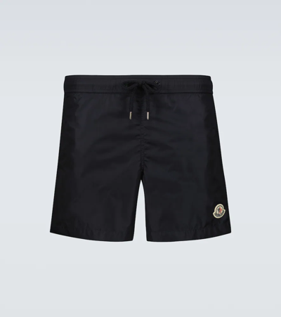 Moncler Logo Patch Swim Shorts With Elastic Waist In Black
