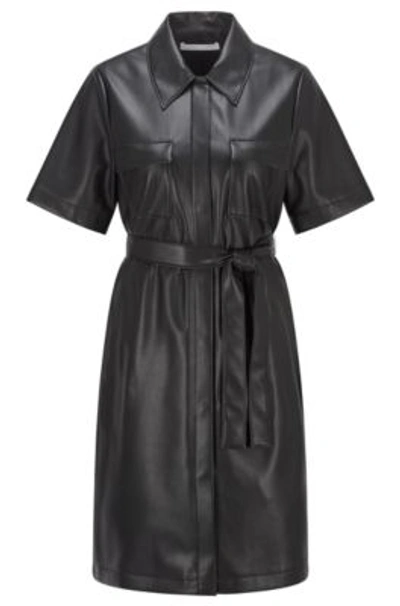 Hugo Boss Belted Shirt Dress In Coated Faux Leather In Black | ModeSens