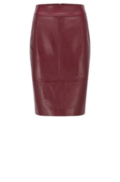 Hugo Boss Pencil Skirt In Leather With Feature Seaming In Dark Red