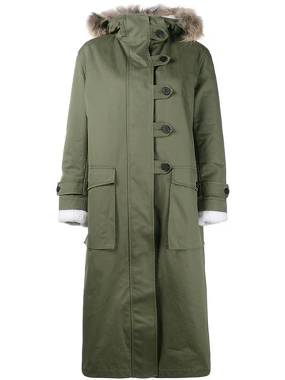 Valentino Shearling Lined & Fox Fur Trimmed Parka Coat In Green