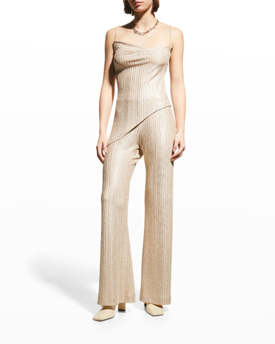 Aaizél + Net Sustain Asymmetric Metallic Ribbed-knit Camisole In Champagne