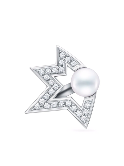 Tasaki 18kt White Gold Collection Line Comet Plus Diamond Pearl Ear Cuff In Silver
