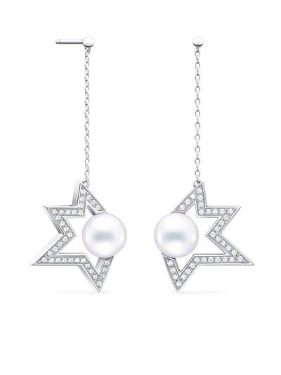 Tasaki 18kt White Gold Collection Line Comet Plus Diamond Pearl Drop Earrings In Silver
