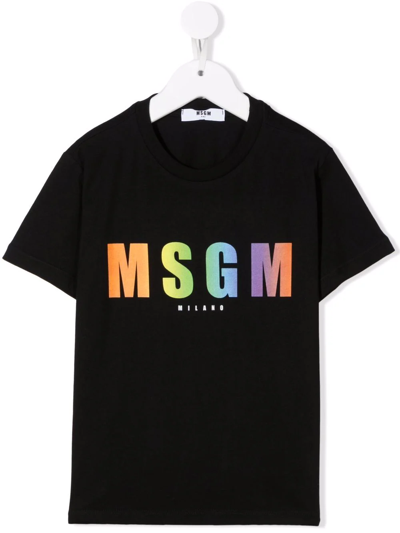 Msgm Kids' Gradient-logo Crewneck T-shirt In Black