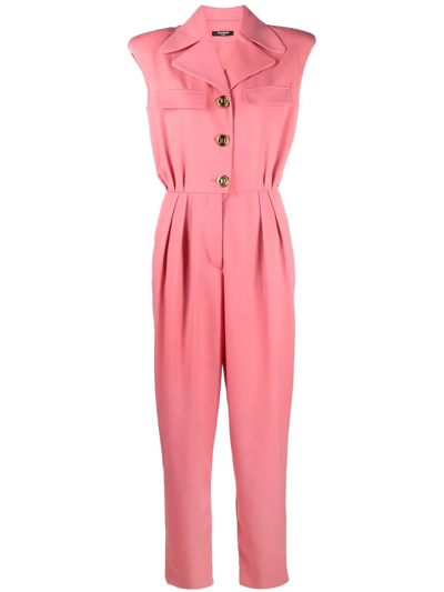 Balmain Sleeveless Logo-button Wool Jumpsuit In Pink