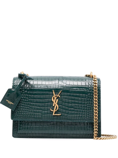 Saint Laurent Medium Sunset Crocodile-effect Shoulder Bag In Green