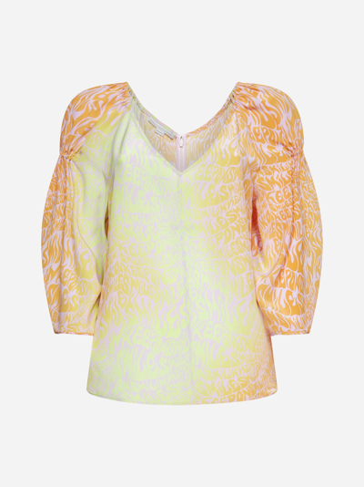 Stella Mccartney Slogan-print V-neck Silk Blouse In Orange