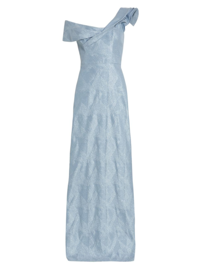 Teri Jon By Rickie Freeman Double Layer Ruffle One Shoulder Jacquard Gown In Powder Blue