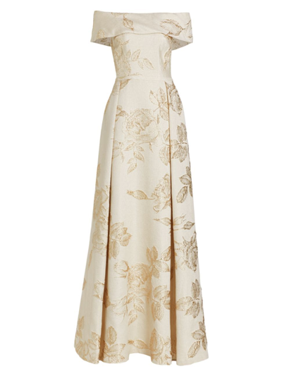 Teri Jon By Rickie Freeman Floral Jacquard Off-the-shoulder Gown In Champagne