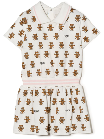 Fendi Babies' Teddy Bear Print Pleated Dress In White