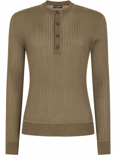 Dolce & Gabbana Ribbed Viscose Granddad-neck Sweater In Brown_grey_4