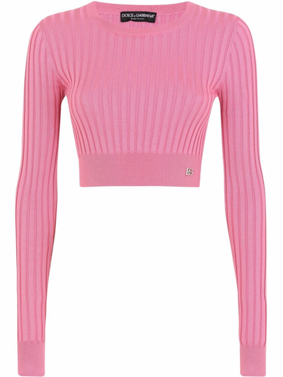 Dolce & Gabbana Cropped Sweater In Ribbed Silk In Pink