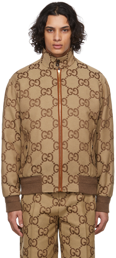Gucci Logo-jacquard Leather-trimmed Cotton-blend Canvas Bomber Jacket In Beige