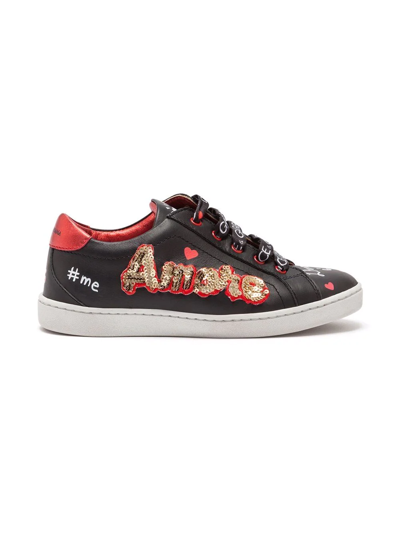 Dolce & Gabbana Kids' Leather Sneakers With Embroidery In Multicolor