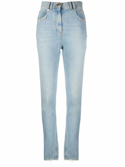 Balmain Distressed High-rise Tapered Jeans In Fc Bleu Jean Clair