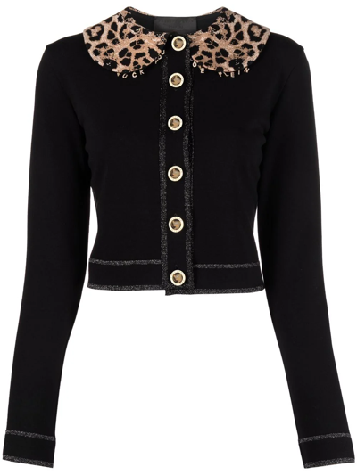 Philipp Plein Leopard Print Collar Cardigan In Black