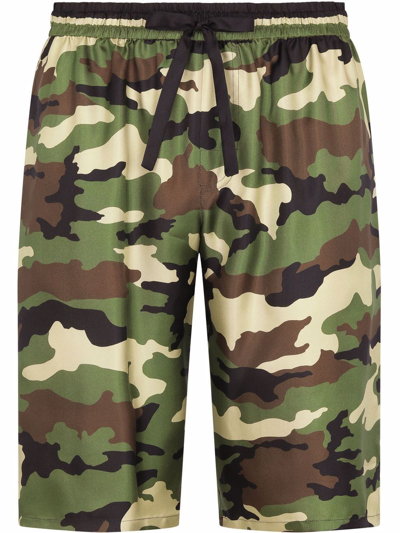 Dolce & Gabbana Silk Shorts With Camouflage Print And Patch In Multicolor