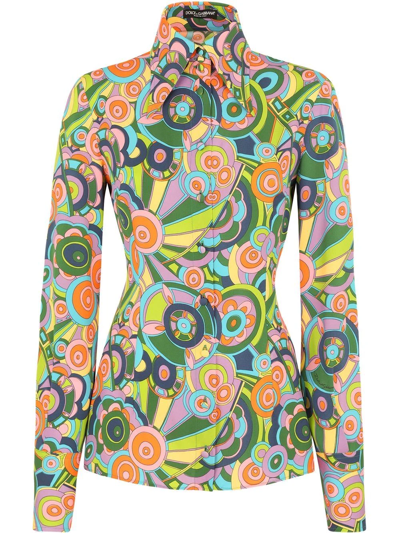 Dolce & Gabbana Groovy Print Silk Charmeuse Shirt In Multicolor