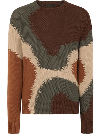 Dolce & Gabbana Cotton Round-neck Sweater With Camouflage Intarsia In Multicolor