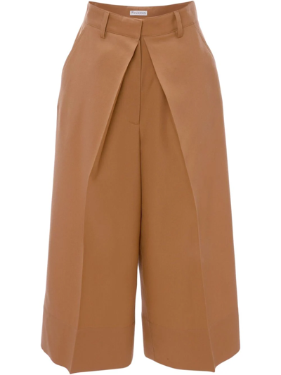 Jw Anderson Pleat-front Wide-leg Cropped Trousers In Brown