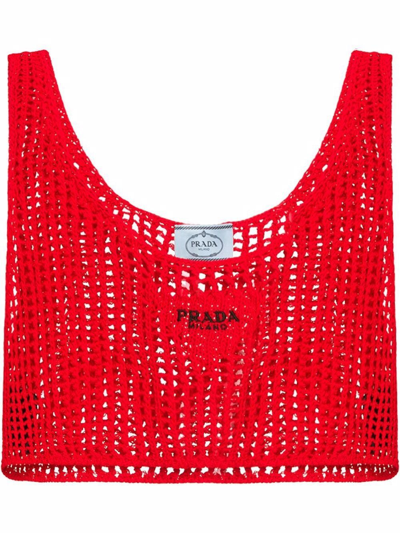 Prada 镂空针织短款上衣 In Red
