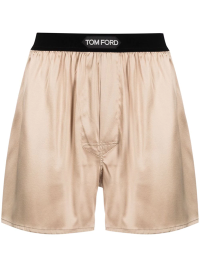 Tom Ford Logo-waist Satin Boxers In Neutrals