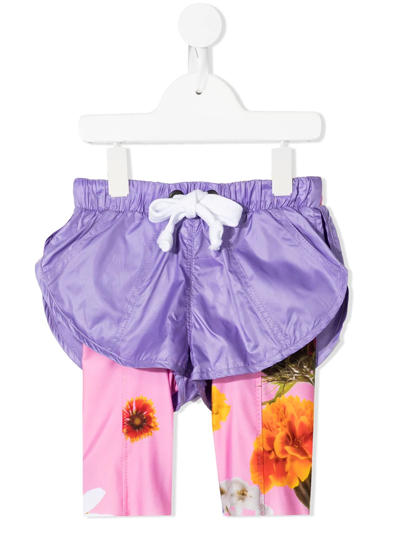Natasha Zinko Kids' Layered Floral-print Shorts In Purple