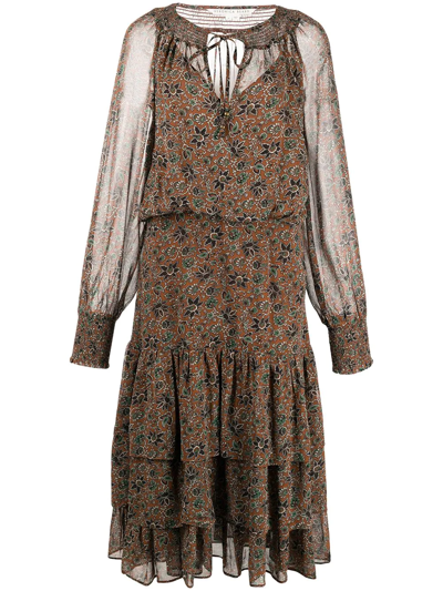 Veronica Beard Tunis Floral-print Midi Dress In Brown