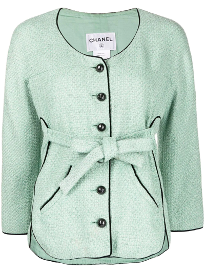 Pre-owned Chanel Tweed Single-breasted Belted Jacket In Green