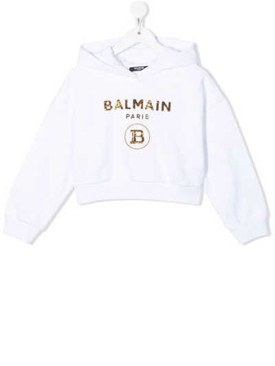 Balmain Kids' Cropped Sequin-logo Hoodie In White