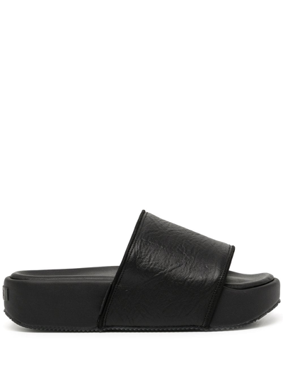 Y-3 Leather Flatform Slides In Black/black/corewhite