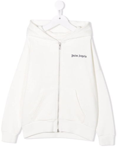 Palm Angels Kids White Hoodie With Zip And Contrasting Logo