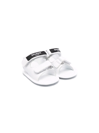 Balmain Babies' Logo细节魔术贴皮质凉鞋 In White